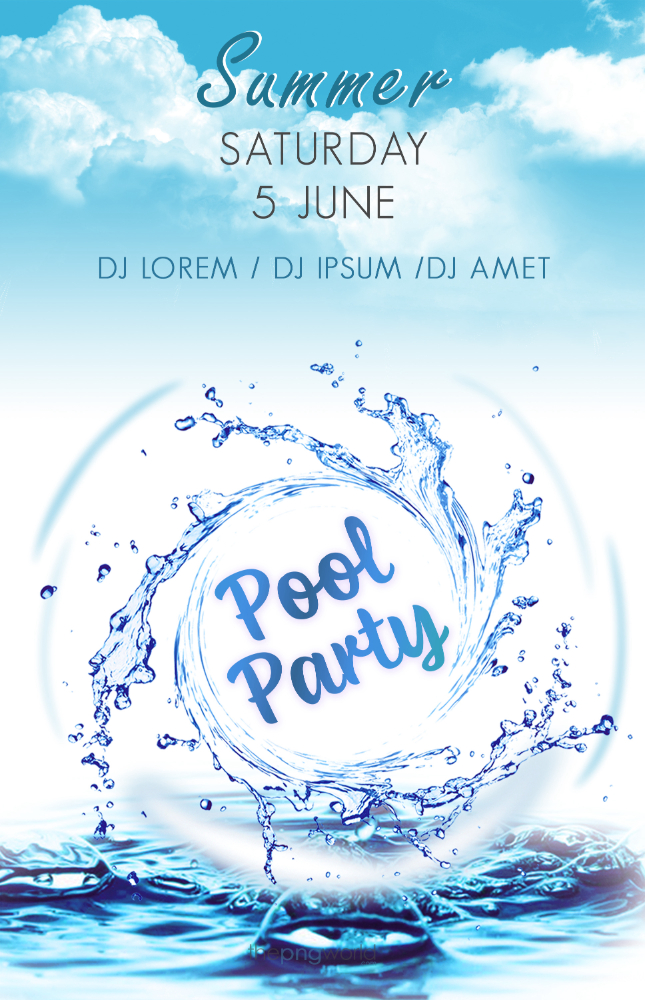 Pool Party Flyer Template PSD summer,pool party,invitation,get together,welcome,drinks,dj,music,dance,water,swimming pool,club,party